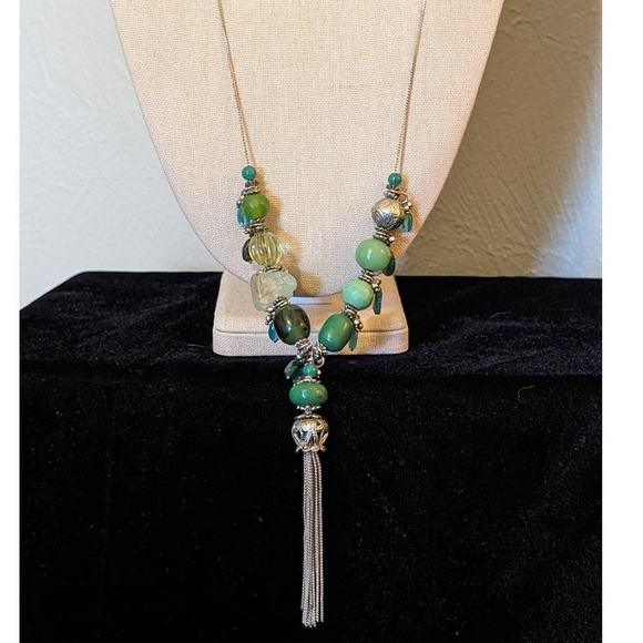 Green Multi-Shape and Color Beaded Silver Tone Tassel Necklace - Picture 1 of 11